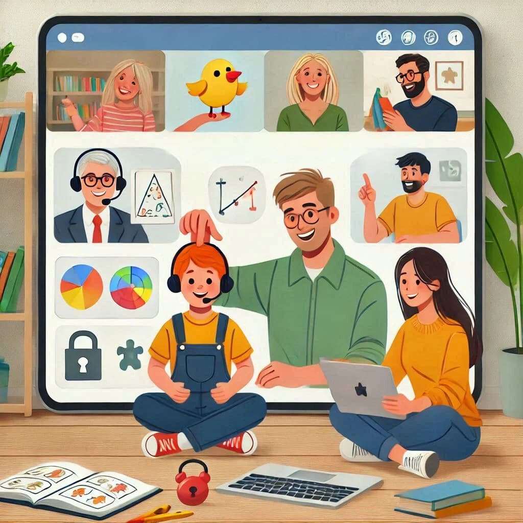 Otizm evde eğitim materyalleri ve tablet kullanan çocuk